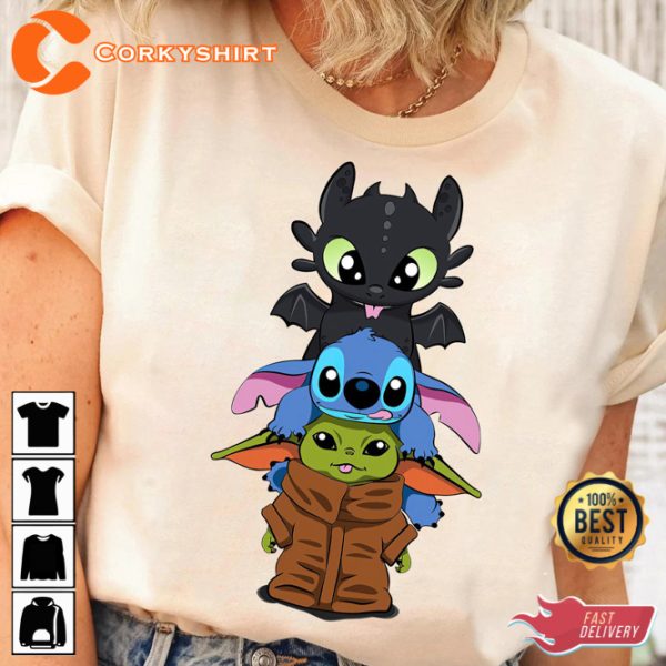 Disney Toothless Stitch Baby Yoda Pile Disneyland Trip Friends Cartoon T-Shirt