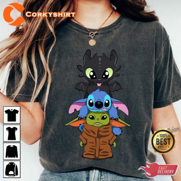 Disney Toothless Stitch Baby Yoda Pile Disneyland Trip Friends Cartoon T-Shirt