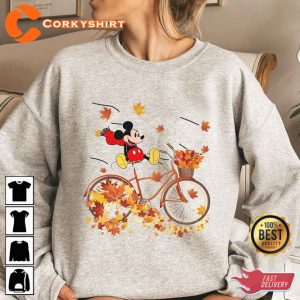 Mickey Mouse Ride Bycicle With Autumn Maple Leaves T-Shirt