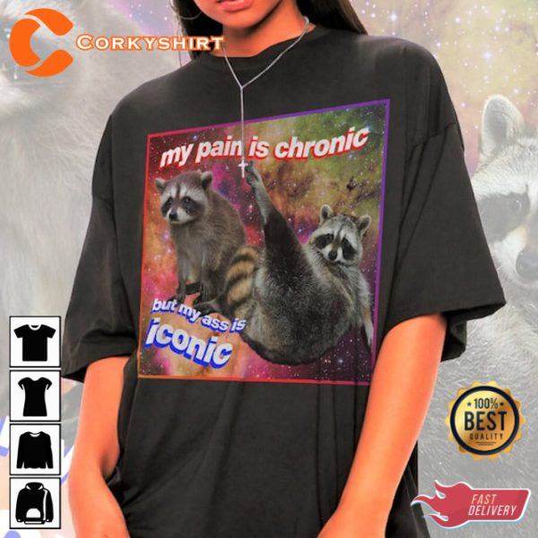 My Pain Is Chronic But My Ass Is Iconic Funny Meme Raccoon T-Shirt