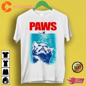 Paws Jaws Cat Parody Design Meme Funny T-Shirt