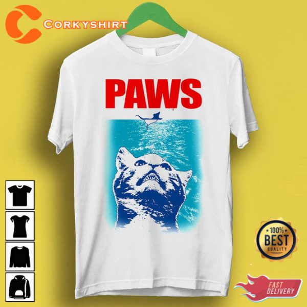 Paws Jaws Cat Parody Design Meme Funny T-Shirt