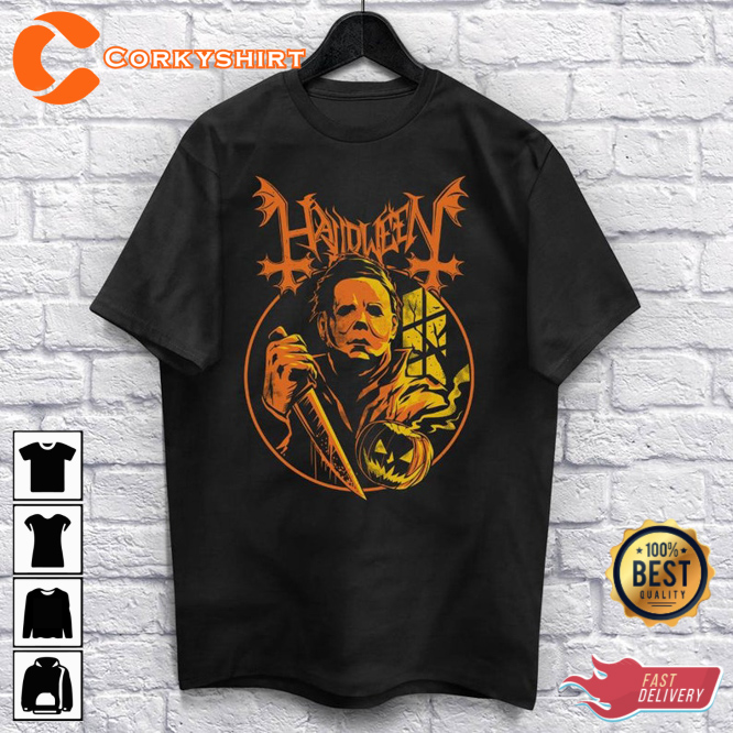 Tricking Horror Heavy Metal Pumpkin Michael Myers Scary Halloween T-Shirt