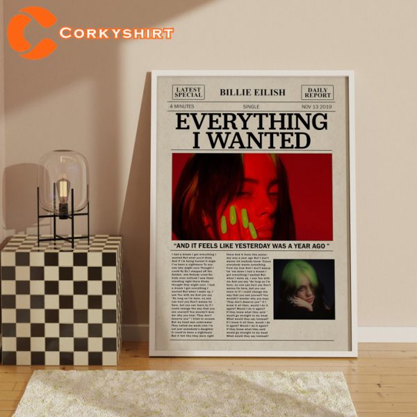 Billie Eilish Everything I Wanted Album Cover Newspaper Print Wall Art Poster