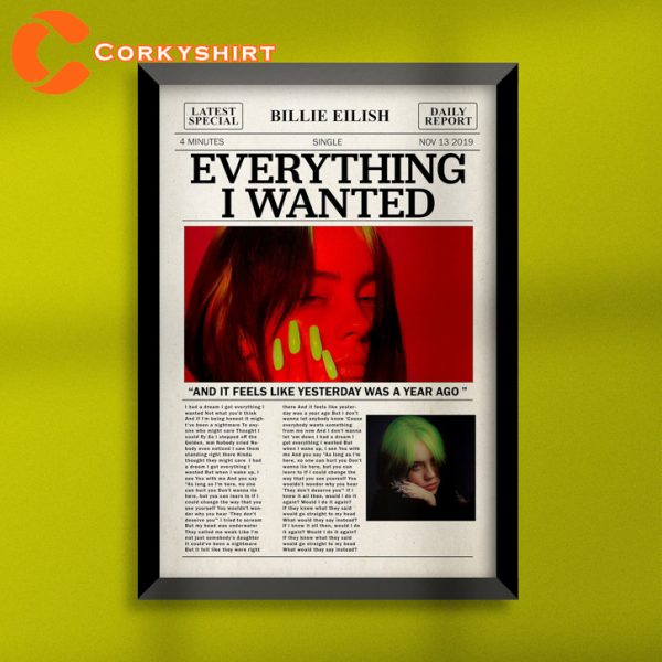 Billie Eilish Everything I Wanted Album Cover Newspaper Print Wall Art Poster