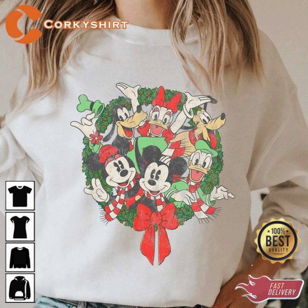 Disney Group Shot Wreath Mickey And Friends Christmas Inspired T-Shirt