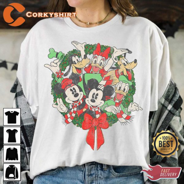 Disney Group Shot Wreath Mickey And Friends Christmas Inspired T-Shirt