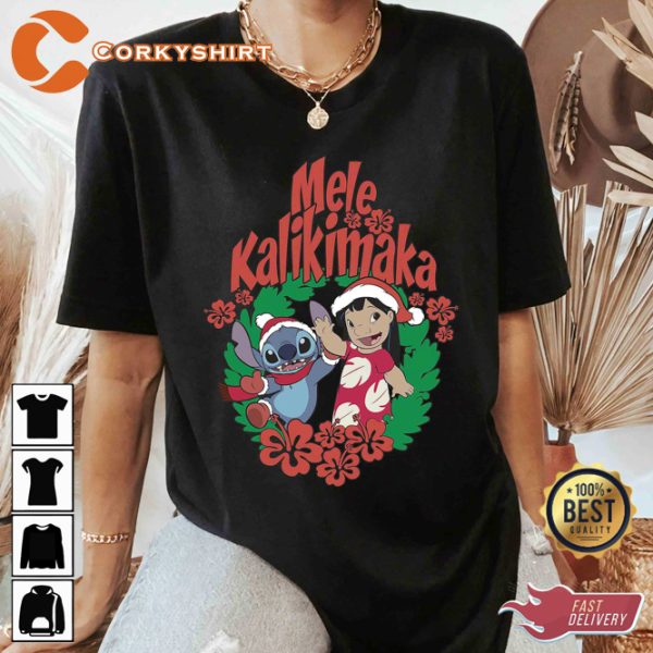 Disney Lilo Stitch Christmas Mele Kalikimaka Wreath T-shirt