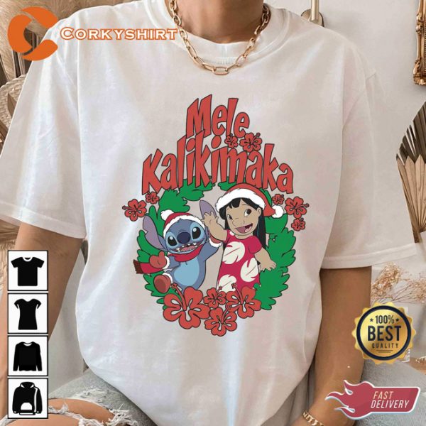 Disney Lilo Stitch Christmas Mele Kalikimaka Wreath T-shirt