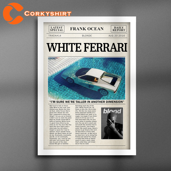 Frank Ocean Retro White Ferrari Newspaper Print Wall Art Poster