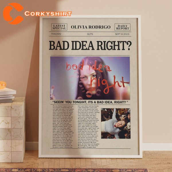 Olivia Rodrigo Retro Bad Idea Right Lyric Newspaper Print Wall Art Poster