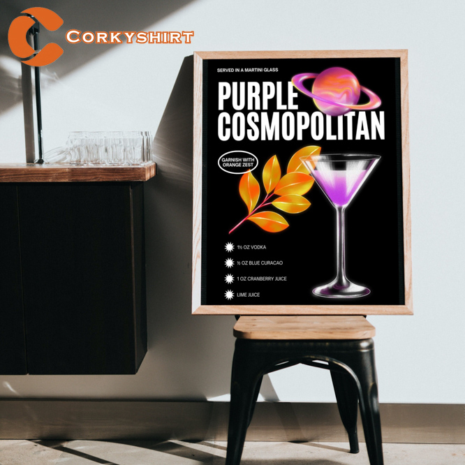Purple Cosmopolitan Wall Art Print Cocktail Recipe Poster For Bar