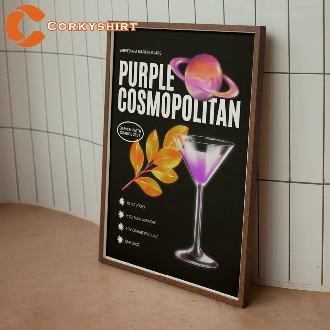 Purple Cosmopolitan Wall Art Print Cocktail Recipe Poster For Bar