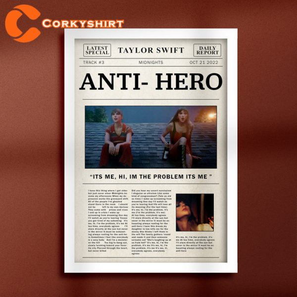 Taylor Swift Anti-hero Lyric Newspaper Print Wall Art Poster