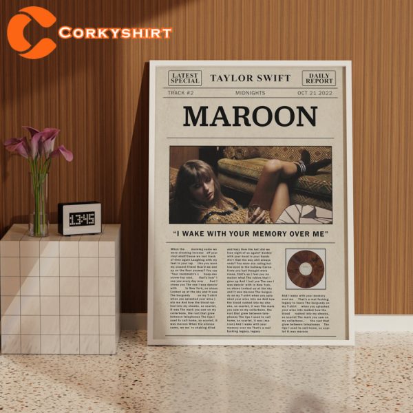 Taylor Swift Retro Maroon Lyric Newspaper Print Wall Art Poster