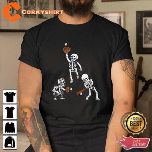 Baseball Halloween Skeletons Hitter Catcher Shirt