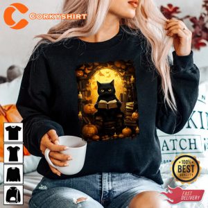 Black Cat Reading Books Pumpkin Autumn Teachers Halloween Sweatshirt