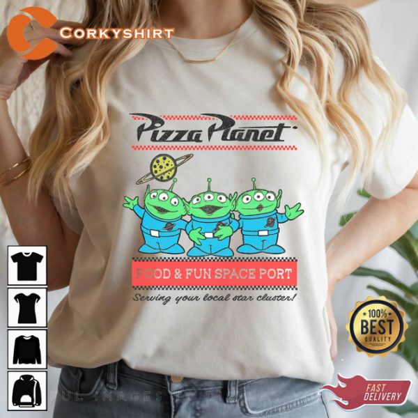 Cosmic Toy Story Aliens Pizza Planet Pastel Logo T-shirt