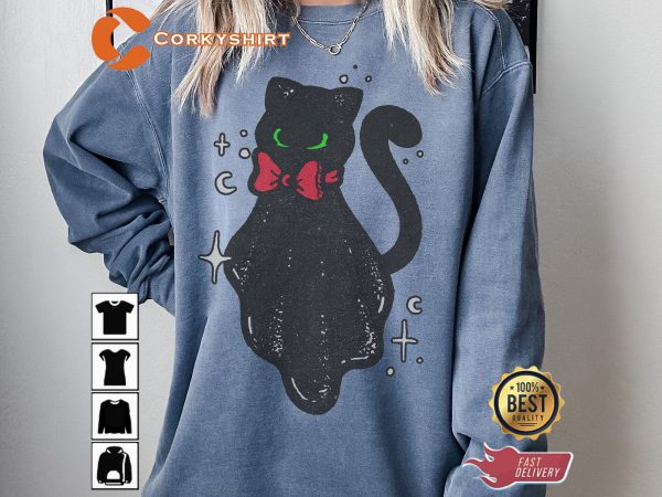 Cute Vintage Black Cat Ghost With Bowtie Shirt