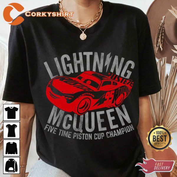 Disney Pixar Cars Lightning Mcqueen Five Time Champion Cartoon T-Shirt