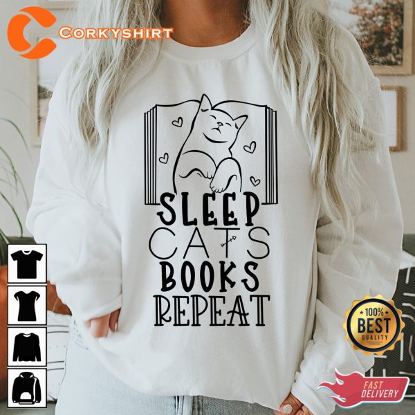 Sleep Cat Meme On Books Repeat T-shirt