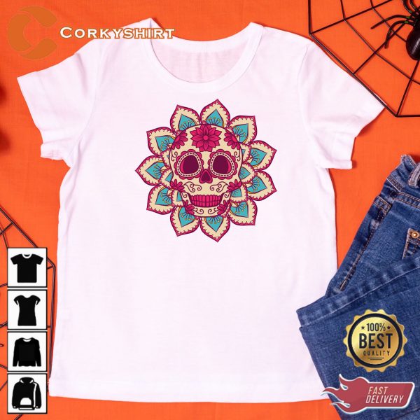 Sugar Skull Mandala Dia De Los Muerto Day Of The Dead Inspired T-Shirt