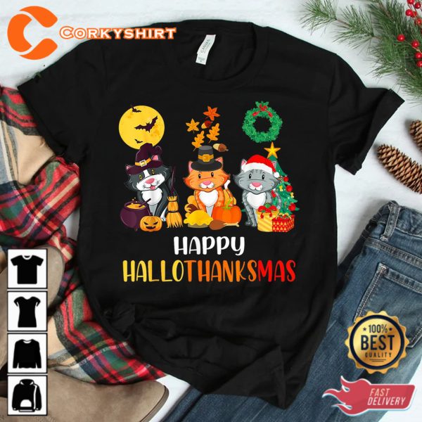 Cat Halloween Christmas Happy Hallothanksmas Thanksgiving Shirts