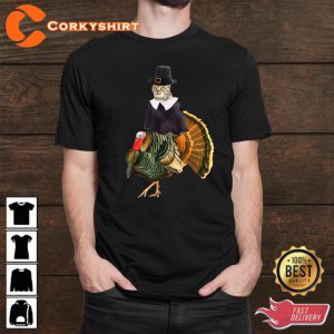 Cat Pilgrim Costume Riding Turkey Cat Thanksgiving Hoodie Shirt