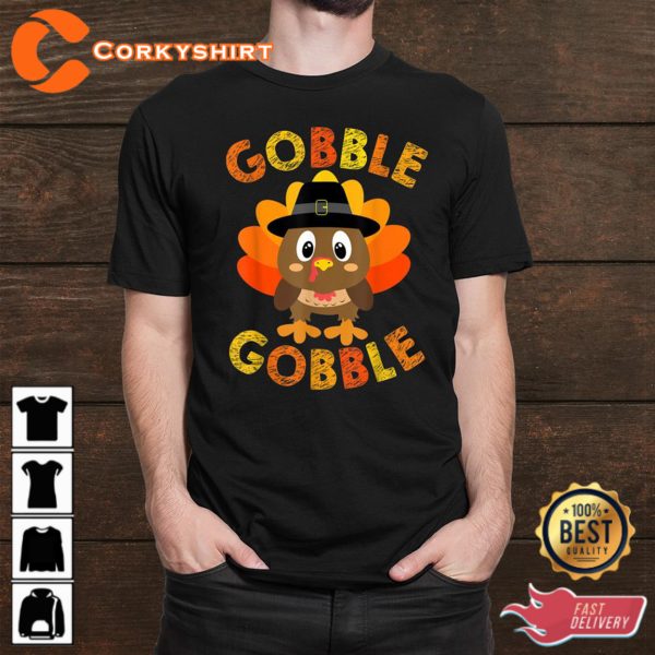 Cute Gobble Gobble Turkey Pilgrim Little Boys Thanksgiving Shirt